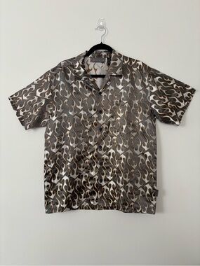 Y2K Prototype Metallic Grey Gold Flame Button Up Shirt Rave Festival EDM Size M